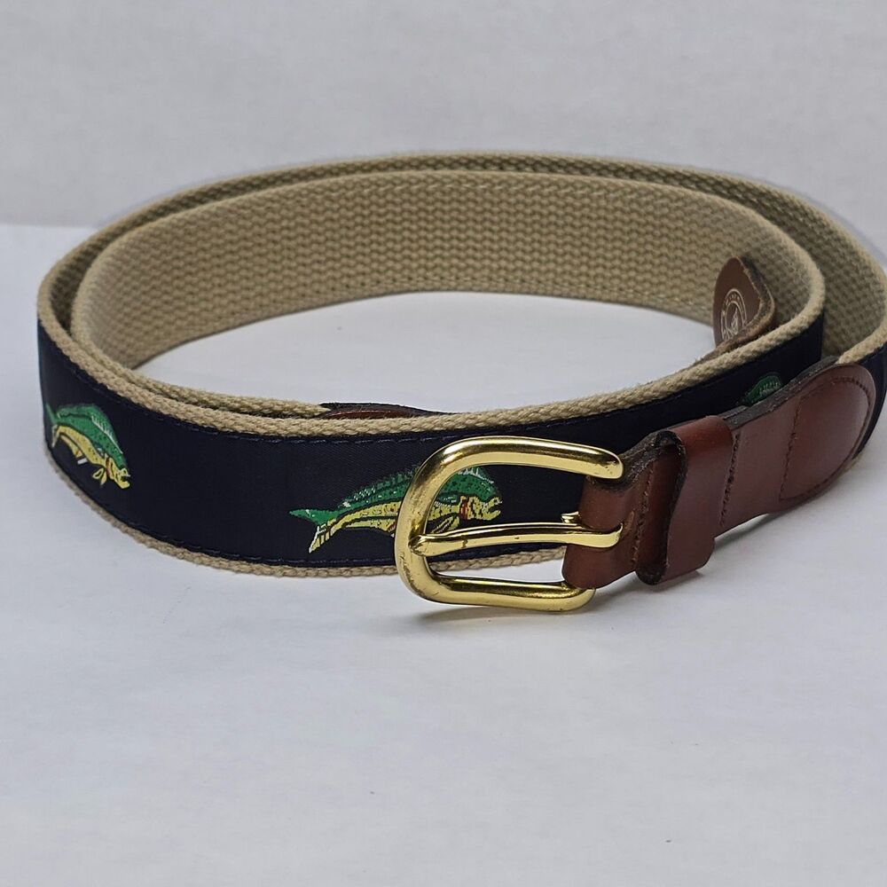 Leather Man Ltd Essex CT Embroidered Fabric Leather Solid Brass Buckle 42" Belt